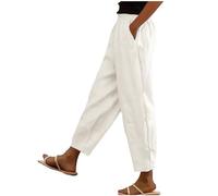 HOT1950s Pantalon pour femme, couleur unie, taille élastique, pantalon léger uni, coupe ample, pantalon décontracté à jambe droite avec poches pour les vacances, Blanc 01, S