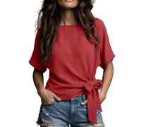 HOT1950s T-shirts surdimensionnés pour femmes décontractés amples à manches courtes et col rond hauts de couleur unie légers surdimensionnés tendance hauts noués à la taille en coton doux pour femme