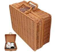 Hotainoys Petit Panier de Pique-Nique avec Couvercle 8, 7 x 6, 3 x 3, 9 Mini Panier de Pique-Nique en Plastique tressé avec poignée, Sangle en Cuir pour Articles Divers, Camping, Voyage