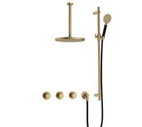 Hotbath Cobber ensemble de douche thermostatique avec 2 stop valves avec douchette ronde tuyau plafond 30cm et barre coulissante laiton brossé IBS70BB137