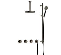 Hotbath Cobber ensemble de douche thermostatique avec 2 stop valves avec douchette ronde tuyau plafond 15cm et barre coulissante vieux fer IBS70AI127