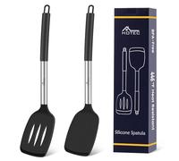 HOTEC Lot de 2 spatules en silicone haute résistance à la chaleur et sans BPA avec poignées en acier inoxydable, spatules fendues et solides pour ustensiles de cuisine antiadhésifs, 35 cm, noir