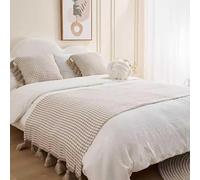 Hôtel Lit Renner Chemin De Lit Jeté De Canapé en Tricot À Rayures avec Pompons Couvre-lit Moderne De Couleur Unie Confortable pour Chambre À Coucher Protège-lit-Beige||Only 2 Pillowcase 45X45cm