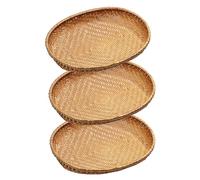 Hotfiary Panier en Bambou Tressé 1/3/5 Pièces, Panier à Pain Ovale Fait Main, Panier à Fruits en Osier Plat, Panier à Légumes Empilable, Plateau de Service Rustique Décoratif pour la Cuisine