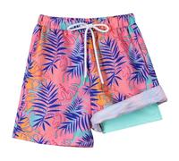Hotfiary Short de bain 2 en 1 pour garçon à séchage rapide avec boxeur, doublure de compression, maillot de bain 2 en 1 avec poches, pour l'été, la plage, le surf, 4 à 16 ans, Feuilles bleues et roses