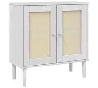 Hothingwell Buffet SENJA Aspect Rotin Blanc 80x35x80 cm Bois Massif De Pin | 2 portes, 2 compartiments, vernis UV, résine tressée, dessus robuste, fixation murale fournie