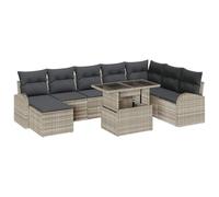 Hothingwell Ensemble Canape Jardin Modulaire 9 Pieces Gris Clair Poly Rotin | Table Verre Trempe Hauteur Reglable, Coussins Polyester, Pouf Inclus, Assise Exterieure Flexible