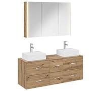 Hothingwell Ensemble de Meubles de Salle de Bain 4 pièces en chêne | Miroir LED, branchement USB, portes réversibles, bois d'ingénierie, montage mural, rangement complet