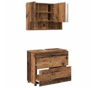 Hothingwell Ensemble de mobilier de Salle de Bain 2 pc Bois Ancien | Étagères et tiroirs en bois d'ingénierie,miroir avec portes,poignées et jambes en métal noir,rangement des