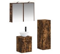 Hothingwell Ensemble de mobilier de Salle de Bain 4 pc Chêne fumé | Miroir LED, portes réversibles, bois d'ingénierie, verre et acier, USB, cabinet mural, unité de vanité, 5V