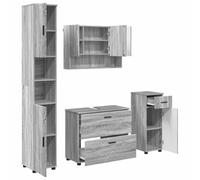 Hothingwell Ensemble de Mobilier de Salle de Bain 4 Pièces Gris Sonoma | Meuble mural, bois d'ingénierie et métal, portes affleurantes, poignées en barre, tiroirs lisses, compartiments cachés, gain