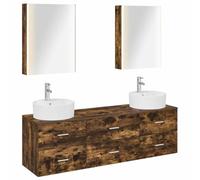 Hothingwell Ensemble de Mobilier de Salle de Bain 5 Pc Chene Fume | Armoire miroir LED,bois d'ingénierie,tiroir,portes réversibles,alimentation USB 5V,forets inclus