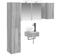Hothingwell Ensemble de Mobilier de Salle de Bain 5 Pieces Sonoma Gris | Miroir mural LED USB,bois d'ingénierie et verre,placards et compartiments,portes réversibles,2 forets spéciaux,5 V courant