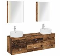 Hothingwell Ensemble Meuble Salle De Bain 5 Pc Bois Ancien Miroir LED USB | Bois d'ingénierie,armoire murale,tiroir,unité de vanité,portes réversibles,forets inclus,5 V CC