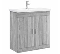 Hothingwell Ensemble Meuble Salle De Bain Sonoma Gris Bois Ingenierie | Lavabo Et Robinet Integres, Portes A Charnieres, Etageres Internes, Rangement Pratique