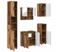 Hothingwell Ensemble Meubles Salle de Bain 5 Pcs Bois Ancien avec Miroir | Armoires portes à charnières,miroir inclus,montage mural,pieds en métal,bois d'ingénierie,rangement beauté et serviettes