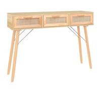 Hothingwell Table Console Marron 105x30x75cm Bois Massif Pin Rotin Naturel | 3 tiroirs, rangement quotidien, rotin tressé, pieds pin massif, style scandinave, fixation murale incluse