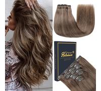 HotLulana Extension a Clip Cheveux Naturel 7pcs 55cm 120g Blond mixte avec Châtain Rajout Cheveux Human Hair Clip In Extension (22 Pouce,M2/6/613#)