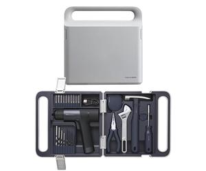 HOTO Boîte à Outils, Set de 26 Pièces, Inclus Perceuse 12V, Tournevis, Clé, Marteau, Pince, Mètre Ruban, Adapté pour Ateliers et Maison, Gris/Bleu Foncé