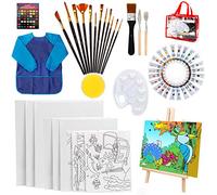 HOTOOLME Ensemble de 55 châssis & peintures acryliques Acrylic Paint- Kit de peinture acrylique avec 24 peintures acryliques, chevalet en bois, toiles, pinceaux, palette et sac de rangement