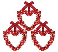 Hotop Lot de 3 couronnes rouges en forme de cœur éclairées avec ruban à carreaux de buffle à DEL à suspendre pour décoration de porte d'entrée, de mariage, de fête d'anniversaire, 30,5 cm