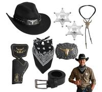 HotoPink Ensemble d'accessoires de déguisement de cowboy occidental pour homme, 8 pièces avec chapeau de cowboy noir, bandana, étui, ceinture, collier, badge de shérif pour Halloween, fête costumée
