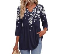 Hotouch Chemisier à manches 3/4 et col en V pour femme | T-shirt ample élégant trapèze - Coupe ample - Hauts d'été S-XXL
