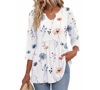 Hotouch Chemisier à manches 3/4 et col en V pour femme | T-shirt ample élégant trapèze - Coupe ample - Hauts d'été S-XXL