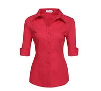 Hotouch Chemisier pour Femme Coton à Manches Courtes Chemise Classique Boutonnée Shirt Top Décontracté Col en V Blouse Solide Élégant Business Tops Chemise de Travail Rouge M
