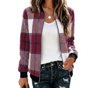 Hotouch Veste Courte Femme Blouson Bombers Chic à Carreaux Veste Léger | Zippé | avec Poches | Automne Hiver | Décontracté Fin Flanelle | Sweatjacke Élégant | S-2XL