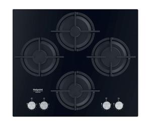 Hotpoint - QS61S/BK Plaque Gaz 4 Foyers en Verre Noir - Encastrable, Puissance 7300W - Commandes Frontales - Sécurité Gaz Intégrée - L 59,6 x H 5,1 x P 51 cm