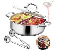 Hotpot - En acier inoxydable - Yin Yang - Pour plaques à induction - 2 louches à soupe - 1 couvercle en verre trempé épais (32 cm)