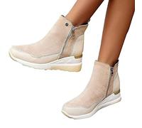 HOTRA Bottes Femme Bottine a Talon Baskets Montantes Baskets Compensées Plateforme Daim Bottillon Baskets Chaussures Fermeture Éclair Ankle Boots (Color : Beige, Size : 36 EU)