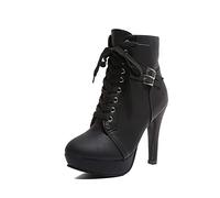 HoTRA Bottines À Plateforme pour Femmes Talon Épais Bottillons de Combat Sexy Bout Rond Lacer Boucle de Ceinture Chaussures de Pompe (Color : Noir, Size : 39 EU)
