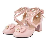 HOTRA Femmes Plateforme Mary Janes Escarpins À Brides Croisées et Nœud Perlé Lolita Cosplay Chaussures Robe Princesse Uniforme Chaussures (Color : Pink, Size : 34 EU)