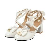 HOTRA Femmes Plateforme Mary Janes Escarpins À Brides Croisées et Nœud Perlé Lolita Cosplay Chaussures Robe Princesse Uniforme Chaussures (Color : Blanc, Size : 42 EU)