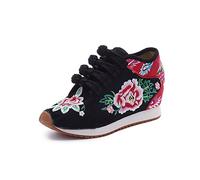 HoTRA Fleur Brodée pour Femmes Chaussures À Semelles Compensées Baskets Compensées Confortables en Toile Chaussures d'hiver Chaudes avec Doublure en Polaire (Color : Svart, Size : 35 EU)