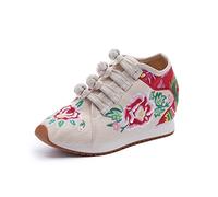 HoTRA Fleur Brodée pour Femmes Chaussures À Semelles Compensées Baskets Compensées Confortables en Toile Chaussures d'hiver Chaudes avec Doublure en Polaire (Color : Beige, Size : 35 EU)