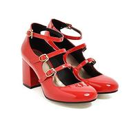 HOTRA Mary Jane Talons Épais avec Bride À la Cheville pour Femme Cuir Verni À la Mode Bout Fermé Plateforme Robe Escarpins Chaussures (Color : Rouge, Size : 37 EU)