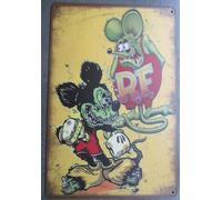 hotrodspirit - Plaque Rat Fink Contre Mickey 30x20cm tole Aspect vieillit
