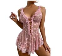 HOTSO Femme Dentelle Lingerie Sexy Gaze Une Pièce, Lingerie Sexy Pure Cami et Short de Maternité Set de Nuit en Maille Pure Lingerie Romantique Femme Dating Party (Pink, L-XL)