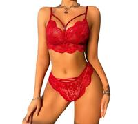 HOTSO Femme Noël Ensemble de Lingerie Sexy en Dentelle G-String sous-Vêtements De Seduction Teddy Babydoll Bikini Col V Vêtements Nuit Ajourés Érotique Push Up Lingerie de Nuit Femme Père Noël Rouge