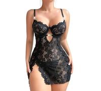 HOTSO Femme Nuisette en Dentelle Sexy Coquine Hot Lingerie Babydoll Chemise en Mesh avec Fente Latérale et Chaîne Mini Transparente Pyjama de Nuit avec G-String Dentelle Nuisette pour Femmes Halloween