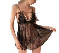 HOTSO Sexy Père Noël Femme Lingerie Set Transparente Dentelle avec Chaîne de Perles Mini Chemise Nuit Col V Teddy Babydoll Coquine Hot Robe avec G-String Nuisette Pyjamas Vêtements pour Feminins Noël