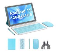 HOTTABLET Kit tablette Android 15 10" avec étui/stylet, 10 (4 + 6 extensions) Go de RAM + 64 Go de ROM, 2 + 8 MP double caméra, batterie 6000 mAh (tablette + étui, stylet, beyboard + souris), bleu,