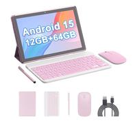 HOTTABLET Tablette Android 15 de 10 pouces, 10 (4 + 6 extensions) Go de RAM + 64 Go de ROM, 2 + 8 MP double caméra, batterie 6000 mAh (tablette + étui, stylet, beyboard + souris), rose