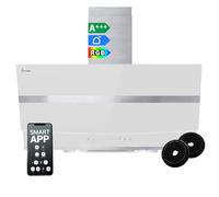 Hotte aspirante cuisine 90 cm | Hotte Murale Inclinées | acier inoxydable | verre blanc | WiFi | arrête automatiquement | éclairage LED RVB | Opération tactile | HERMES9005WM