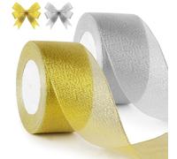 HOTUT 2 Rouleaux Ruban en organza scintillant, Ruban Satin Cadeau Emballage Large 50 mm, 44M ruban de décoration, Rubans de Soie Décoratif d'arc pour Mariage, Fête Halloween, Artisanat - Or et Argent