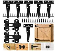 HOTUT 6 pièces Charnières noires en T, 4 Pouces Charnières de porte en métal avec 2 Loquet de Porte et 36 vis, Robustes en Acier Inoxydable pour portes de hangar, portes jardin, fenêtre