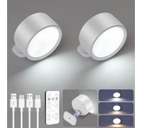 HOTUT Applique Murale Interieur, 2 pcs Lampe Murale Rotatifs 360° avec Télécommande et Tactile, Lampe Murale LED Rechargeable, 3 Couleur et Luminosité Réglable et Minuterie, Lampe de Chevet Liseuse